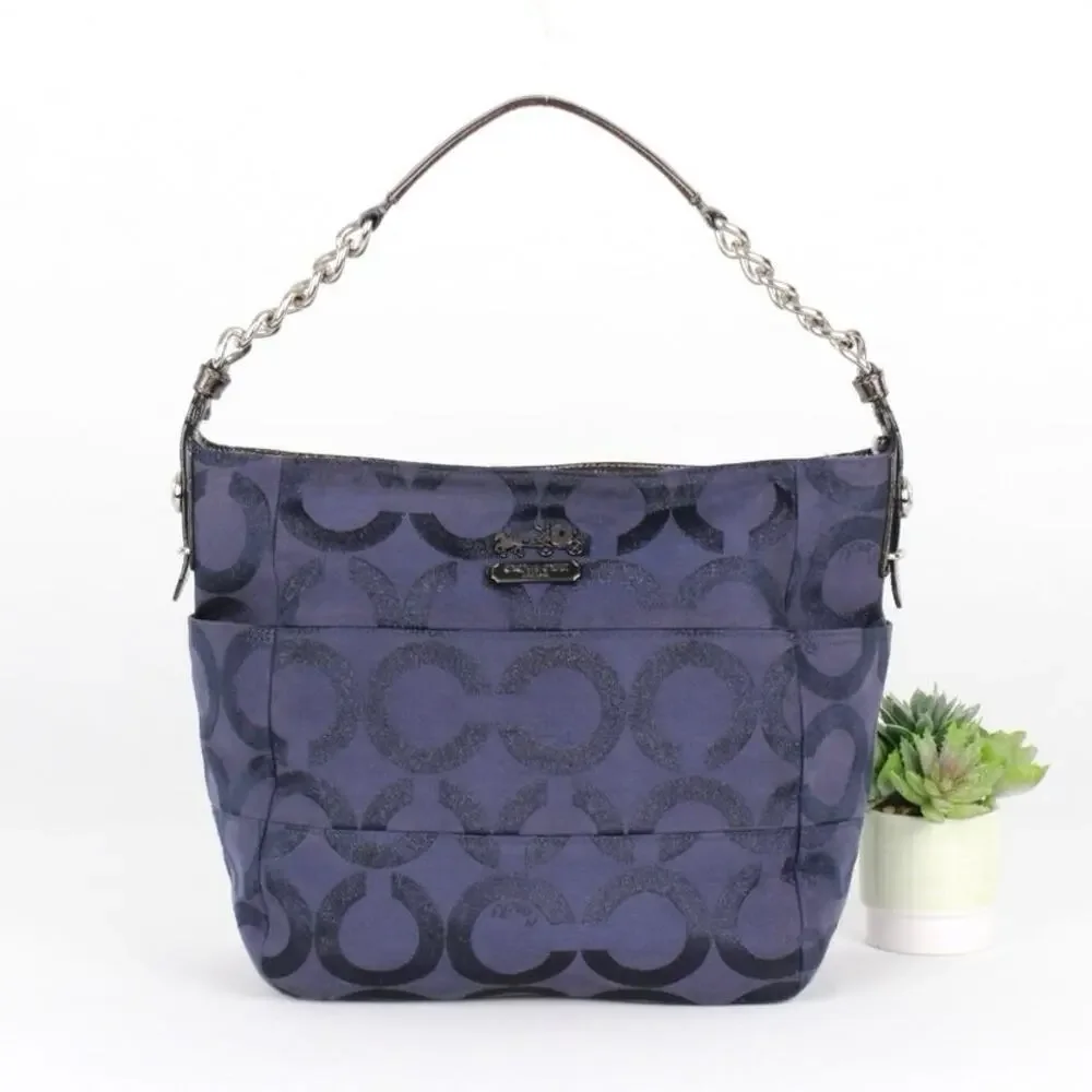 Coach Navy Blue Glitter Signature C Canvas Leather Shoulder Bag